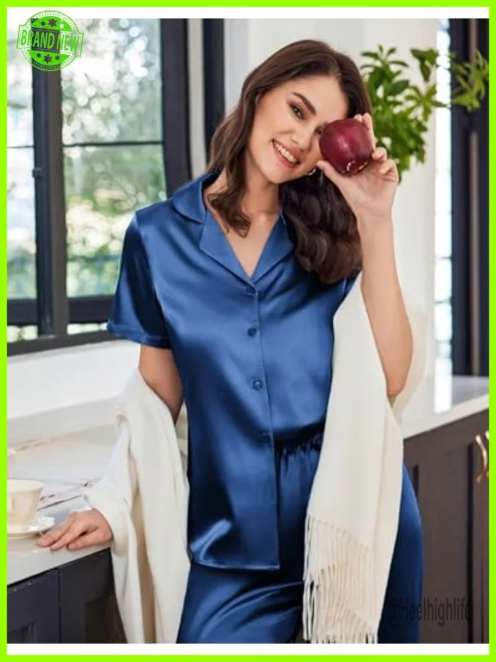 Satin Pajama Set 2 Piece Lounge Short Sleeve Button Down Capri Sleepwear
